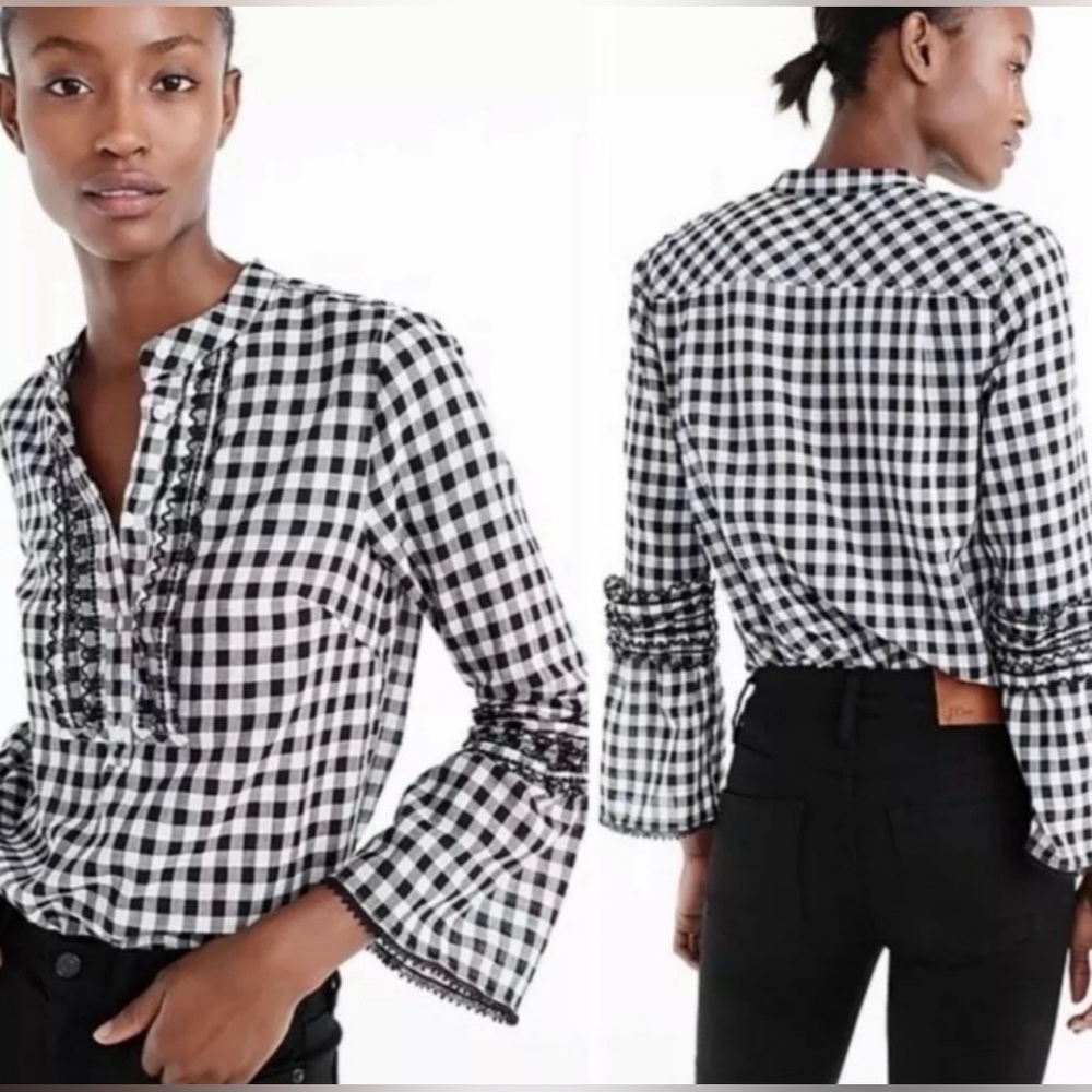 J. Crew Women’s Embroidered Cotton Black White Gingham Bell Sleeve Blouse Size 4